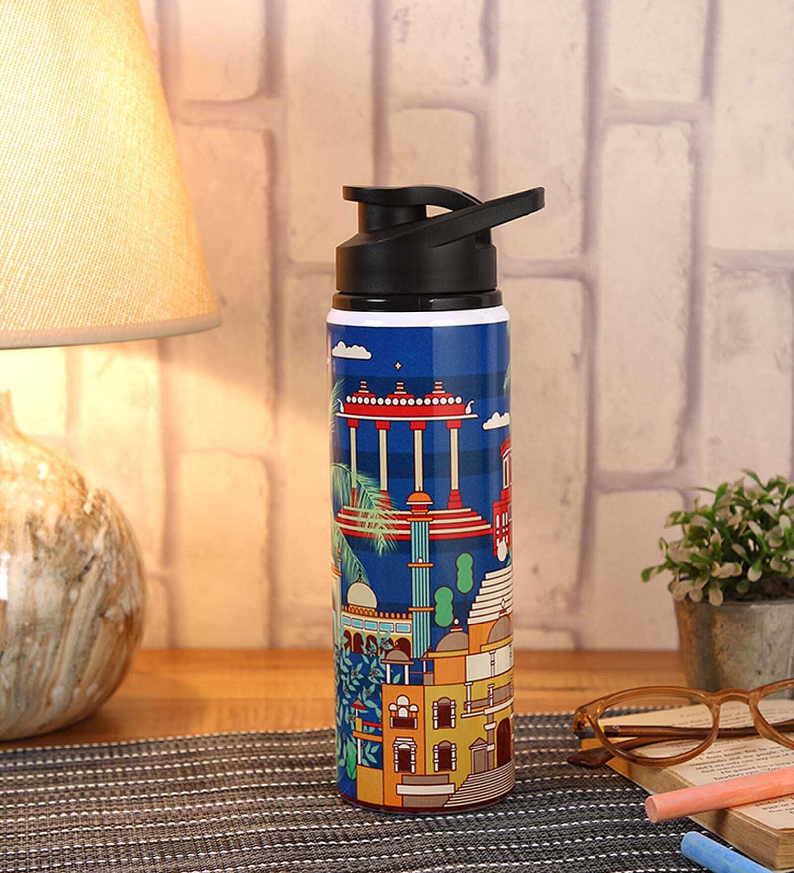 Double Cap Sports Water Bottle With Navy Blue & House Print