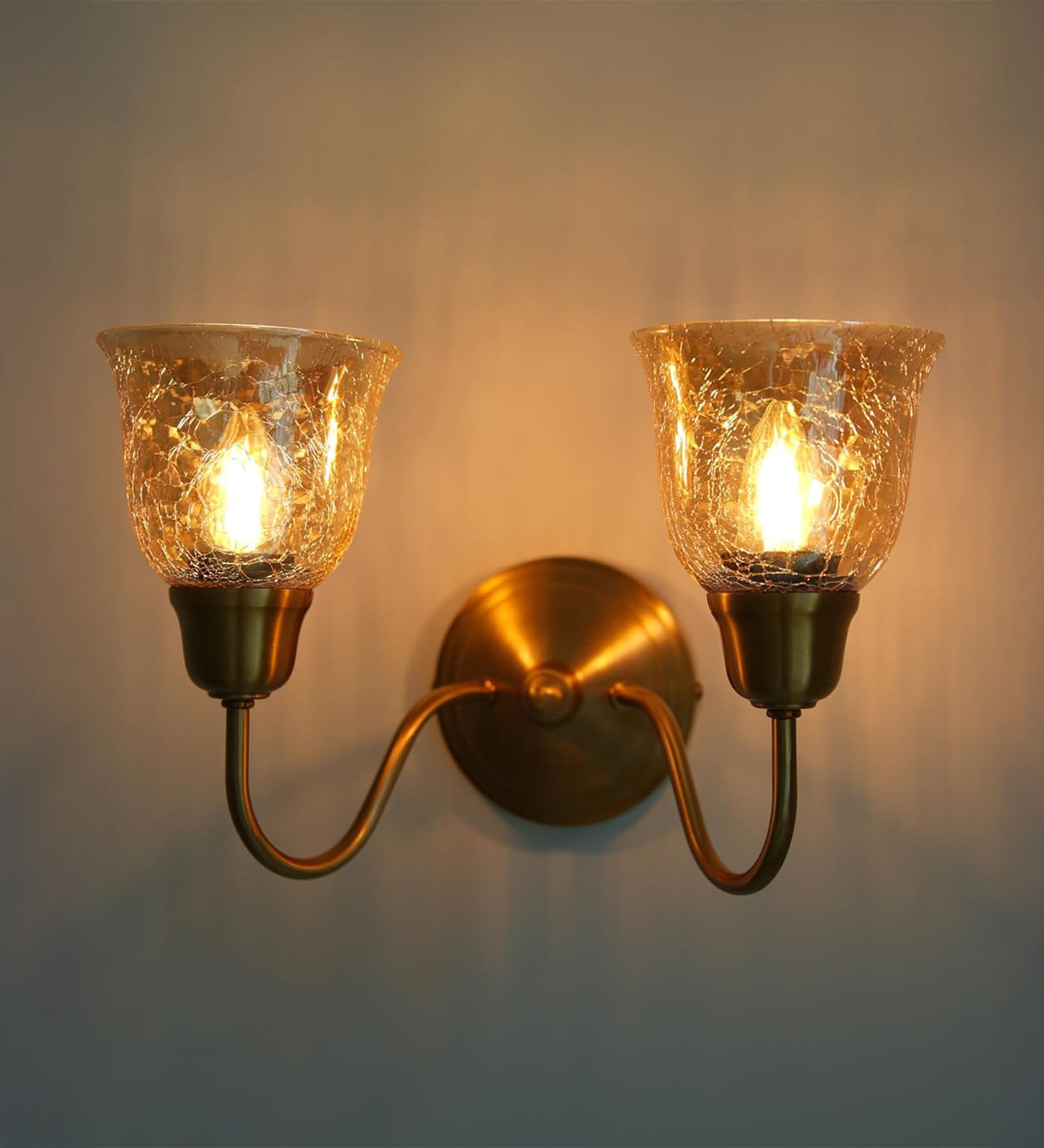 Double Curve Wall Lamp Antique Brass Finish with Cup Crackled Glass Golden Luster