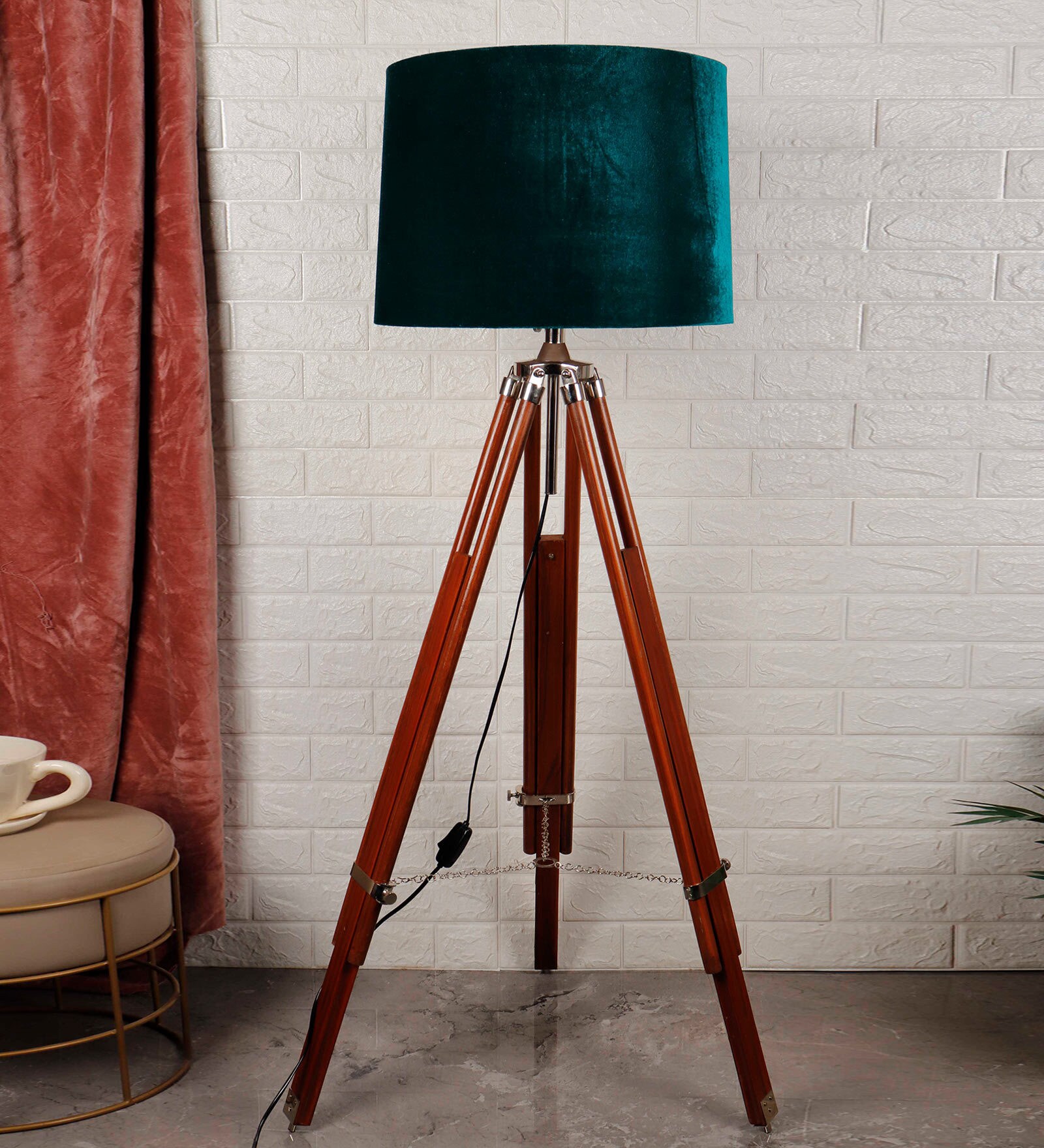 Double Fold Green Velvet Shade Floor Lamp with Brown Base