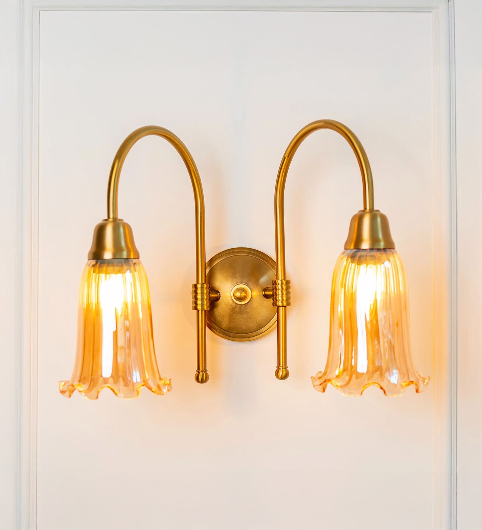 Double Hockey Wall Lamp Antique Brass Finish with Fluted Flower Glass Golden Luster