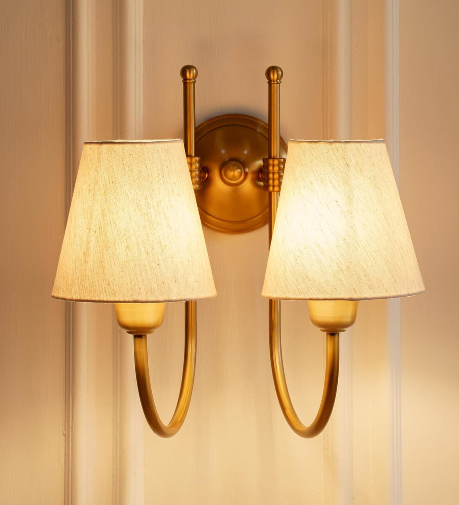 Double Hockey Wall Lamp Antique Brass Finish with Off White Shade