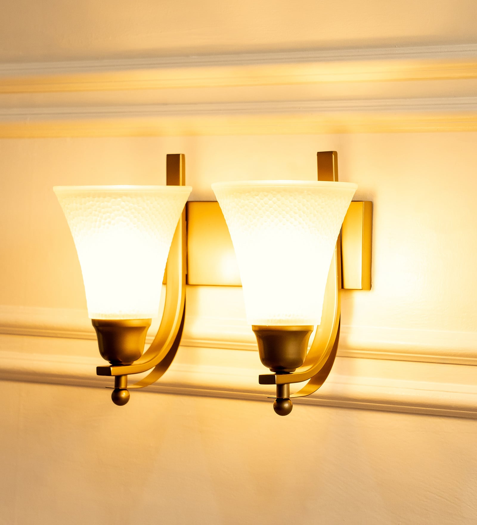 Double J Brass Antique Finish Wall Lamp  with Frosted Hammered Glass Shade