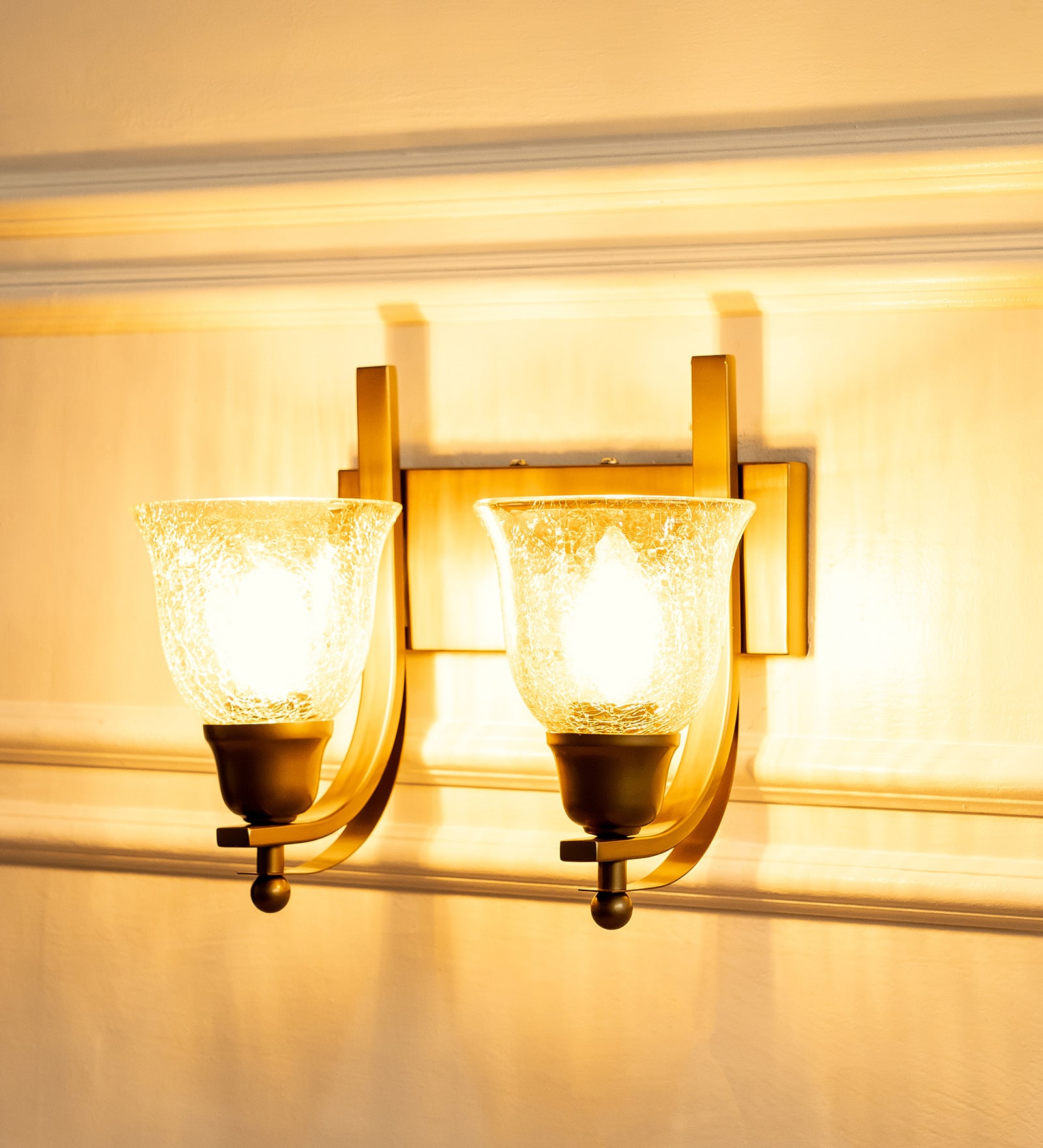 Double J Brass Antique Finish Wall Lamp with Cup Crackled Glass Golden Luster Shade