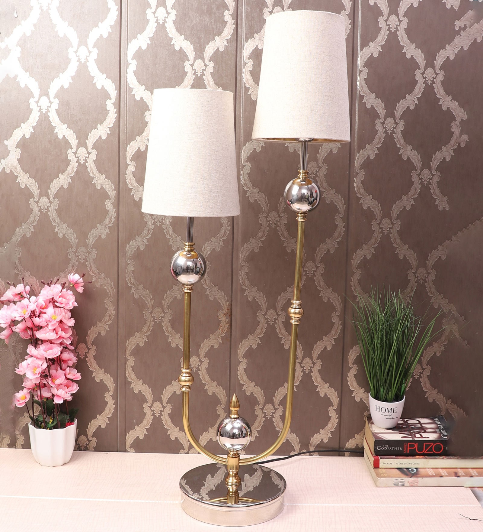 Double Shaded Unique Design Decorative Lamp With Beige & Gold Fabric Shade And Silver Base