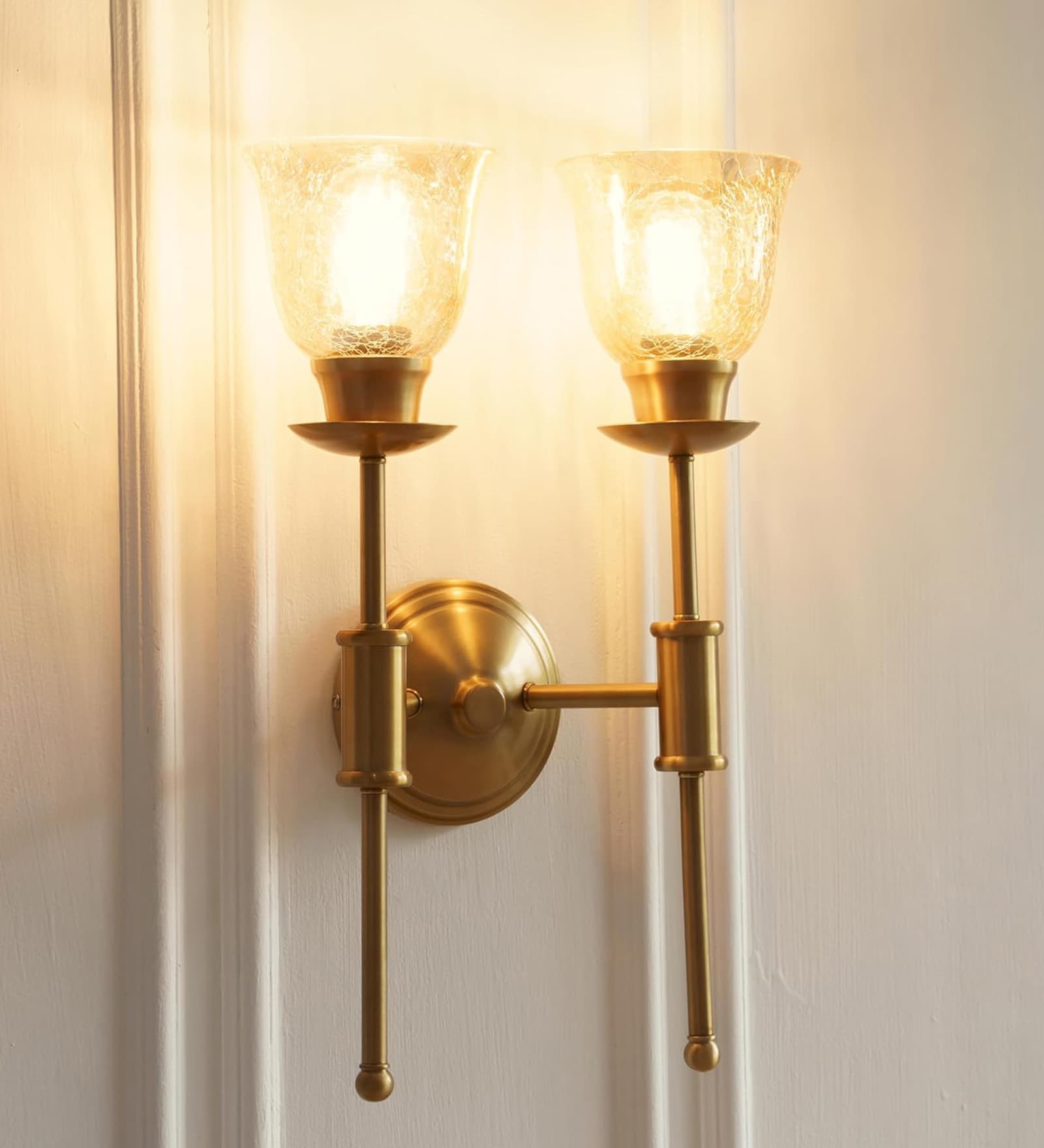 Double Spacer Wall Light Antique Brass Finish with Cup Crackled Glass Golden Luster