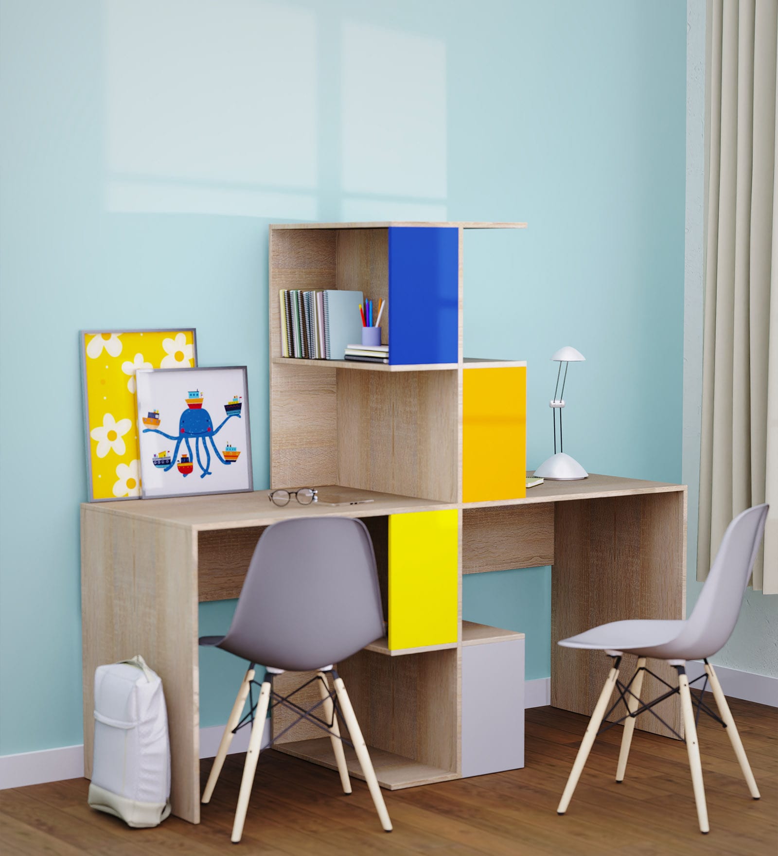 Double Trouble Kids Study Table in Blue, Yellow, Orange And Oak Finish