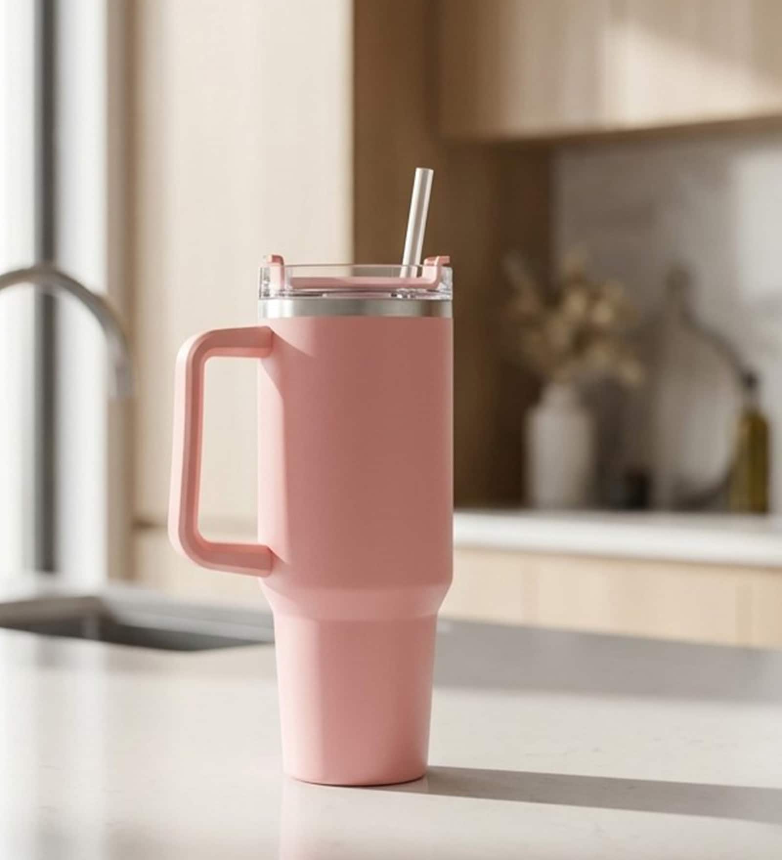 Double Wall Stainless Steel Pink Tumbler Mug with Handle & Lid