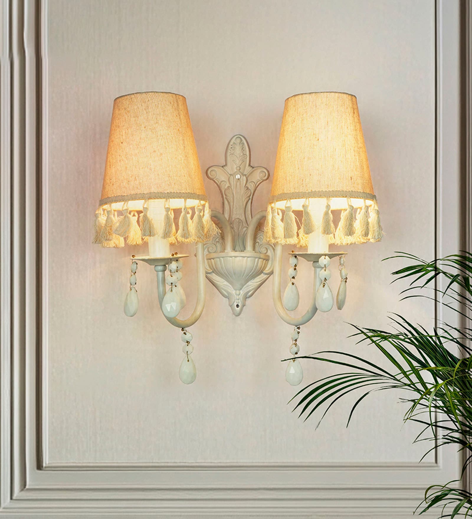 Double White Wall Sconce with Tassel Shades and Crystal Accents
