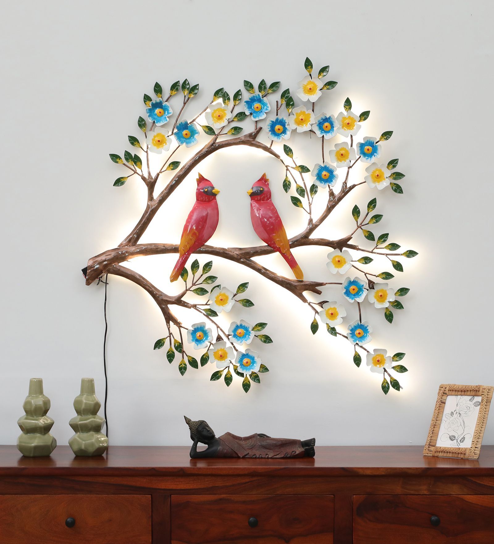 Doves and Dogwood branches Multicolour Handmade Metal Wall Art