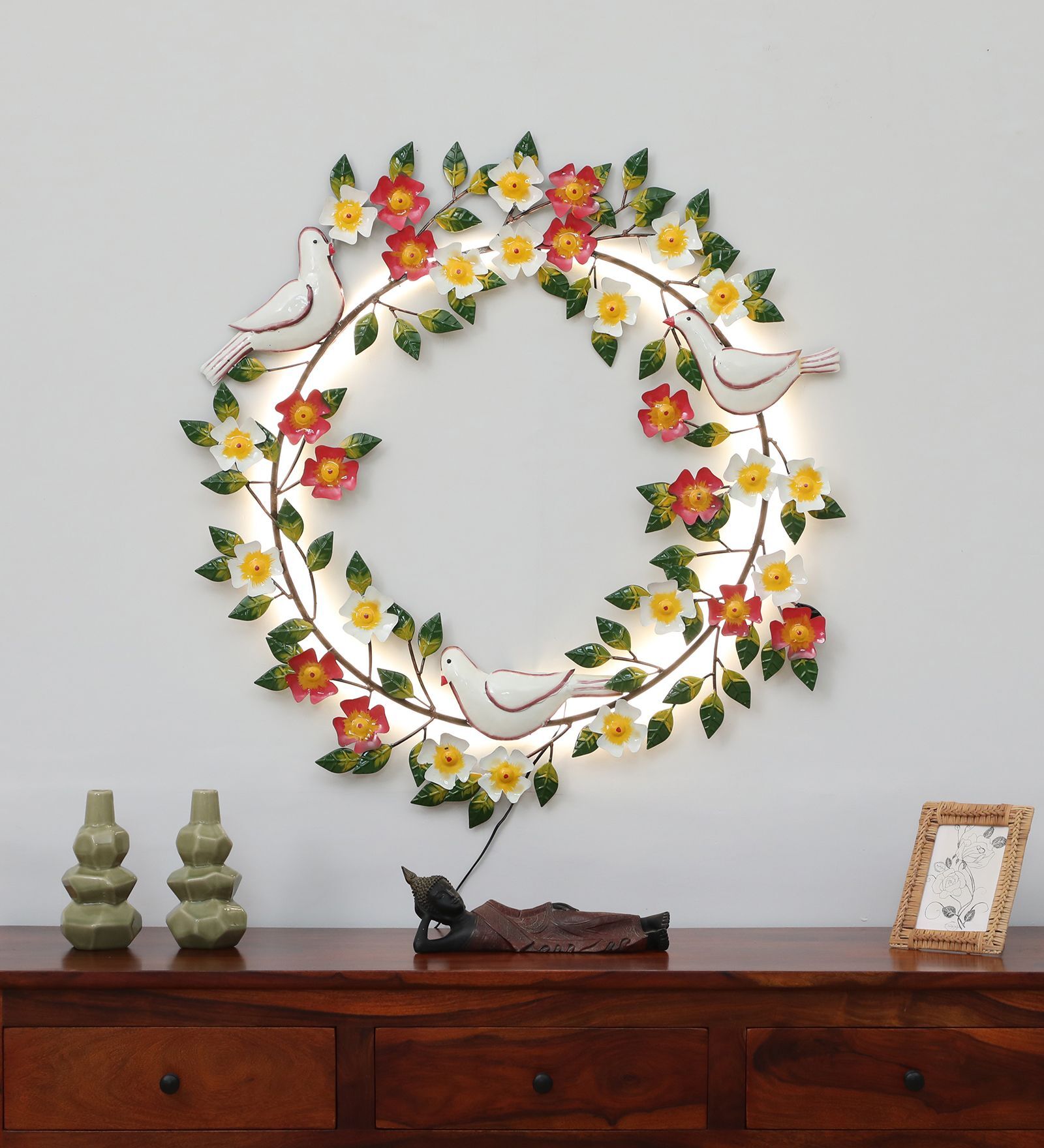 Doves and Flowers Multicolour Handmade Metal Wall Art