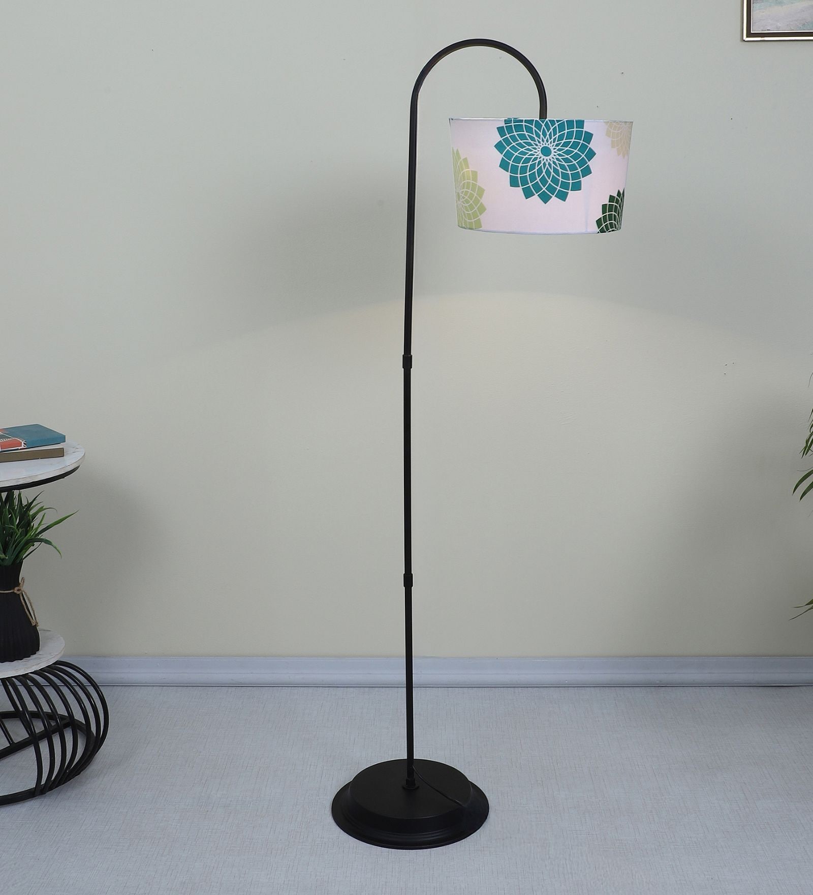 Downlighter Modern Black Iron Base Floor Lamps Dahlia Floral Print Satin Shade