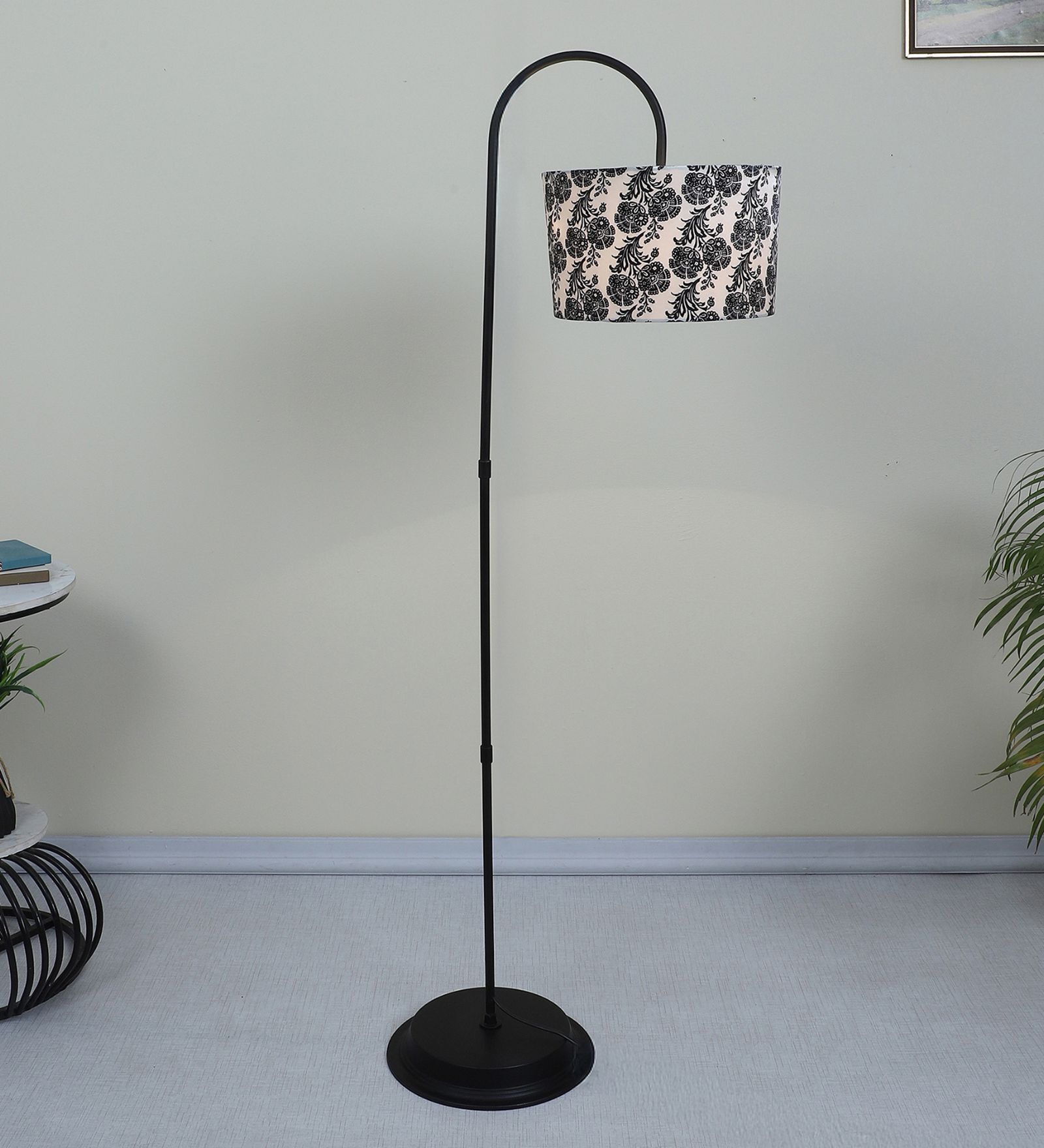 Downlighter Modern Black Iron Base Floor Lamps Filigree Print Satin Shade