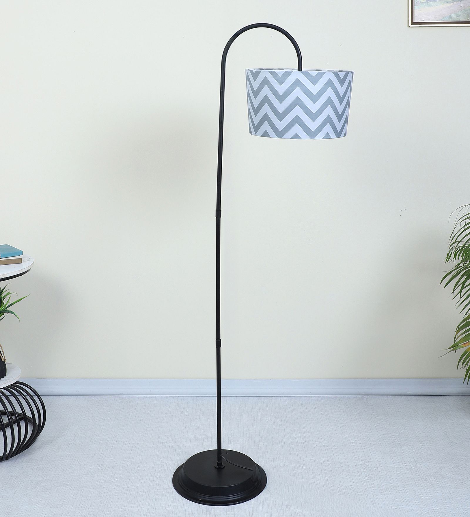 Downlighter Modern Black Iron Base Floor Lamps Maze Print Satin Shade
