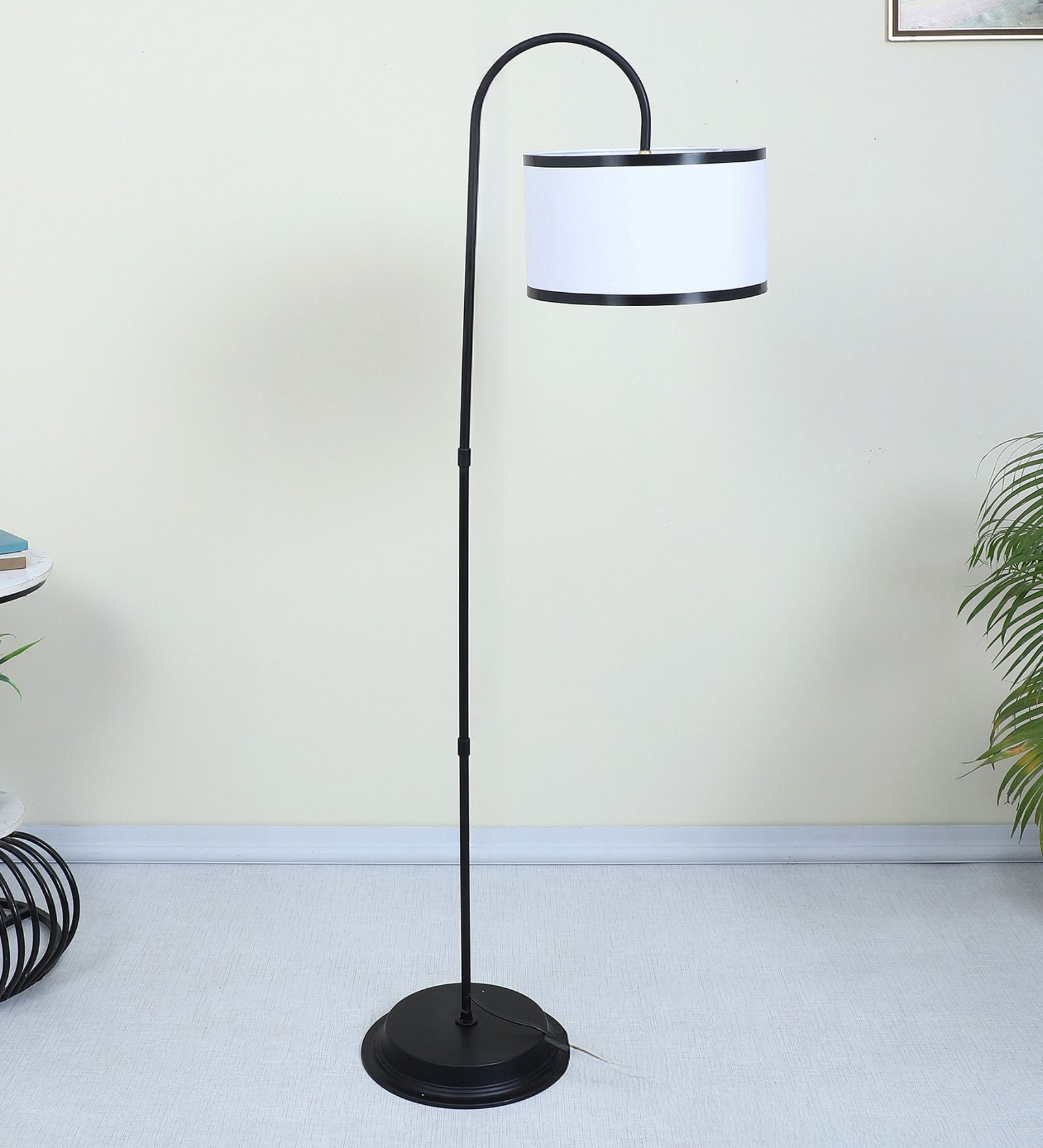 Downlighter Modern Black Iron Base Floor Lamps Off White Cotton Shade