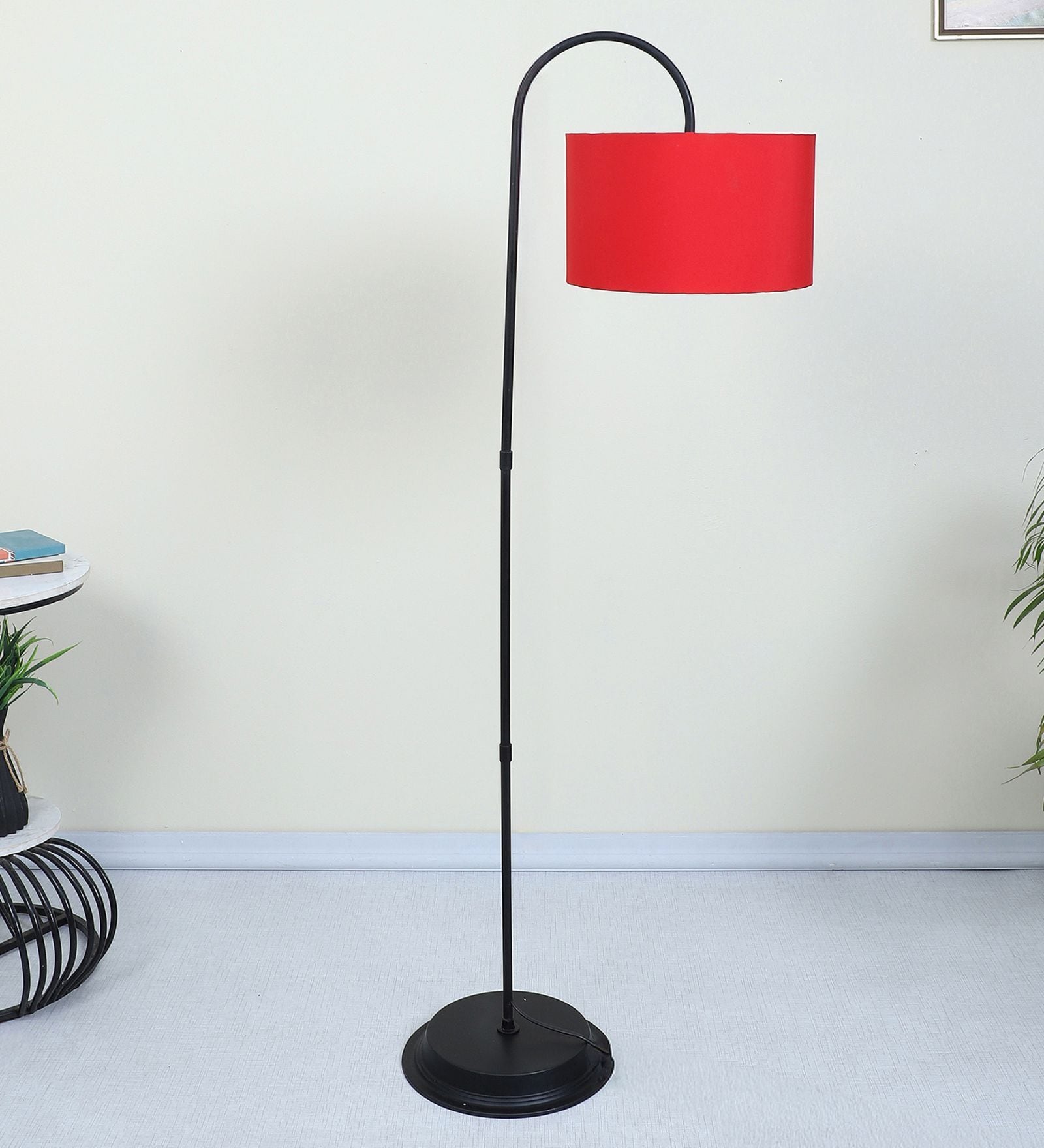 Downlighter Modern Black Iron Base Floor Lamps Red Cotton Shade