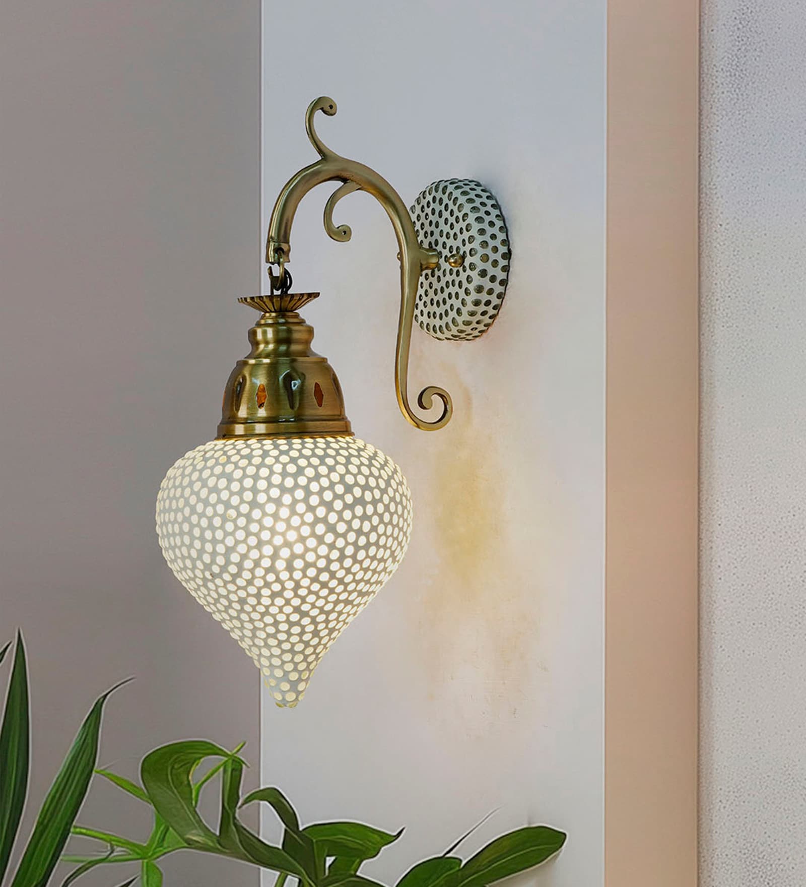 Downward-Facing Brass Wall Sconce with Mosaic Glass