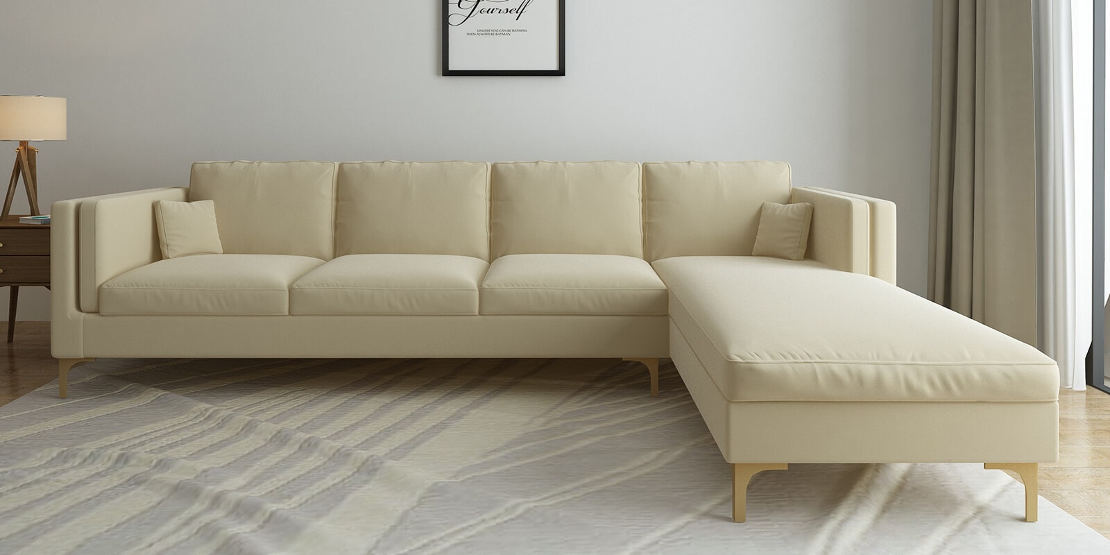 Dona Velvet Lhs Sectional Sofa (3 + Lounger) In Bone White Colour