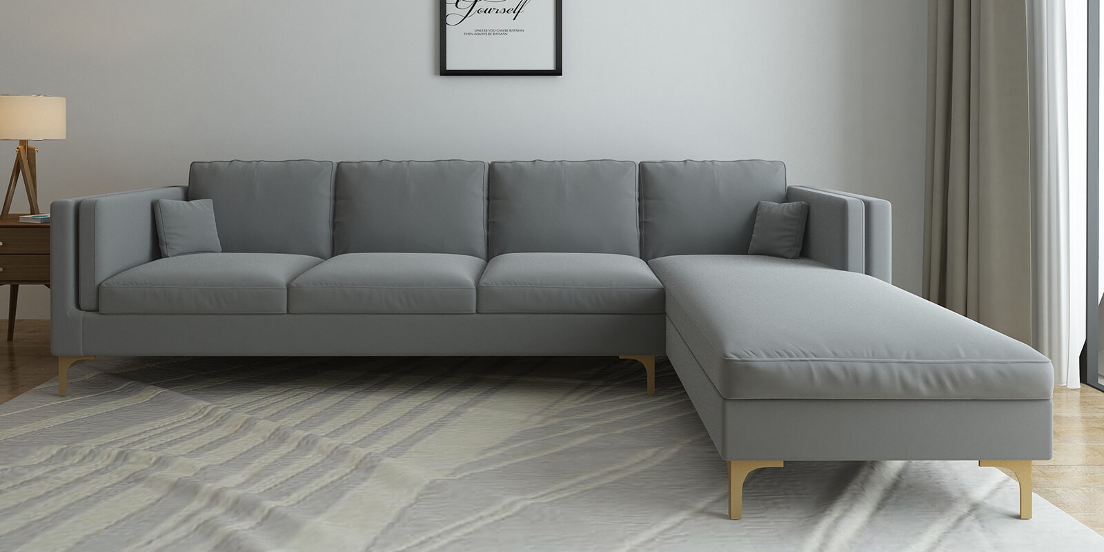 Dona Velvet Lhs Sectional Sofa (3 + Lounger) In Cool Grey Colour
