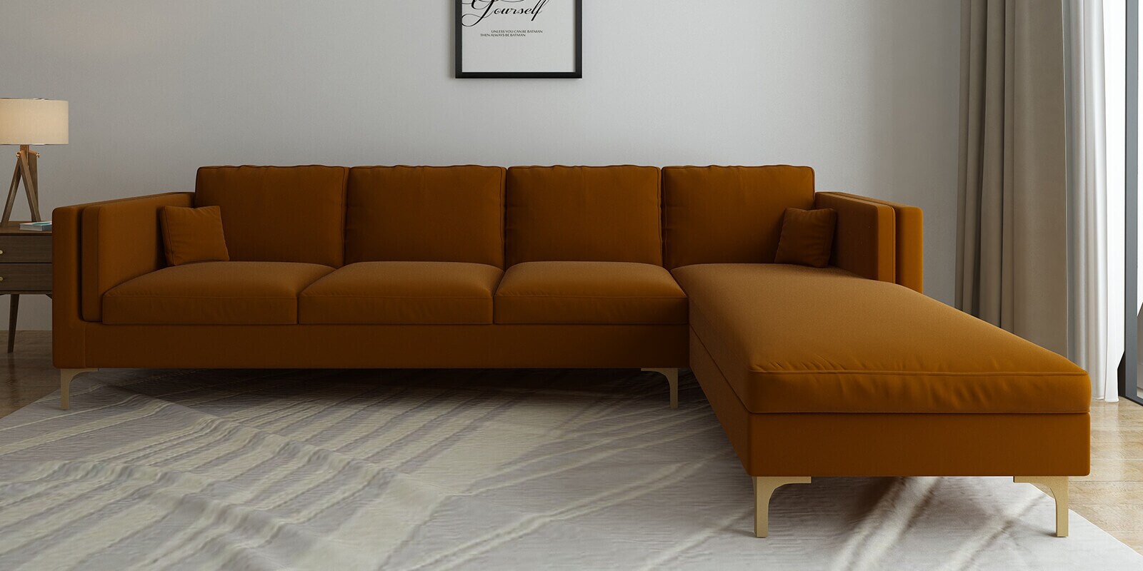 Dona Velvet Lhs Sectional Sofa (3 + Lounger) In Rust Colour