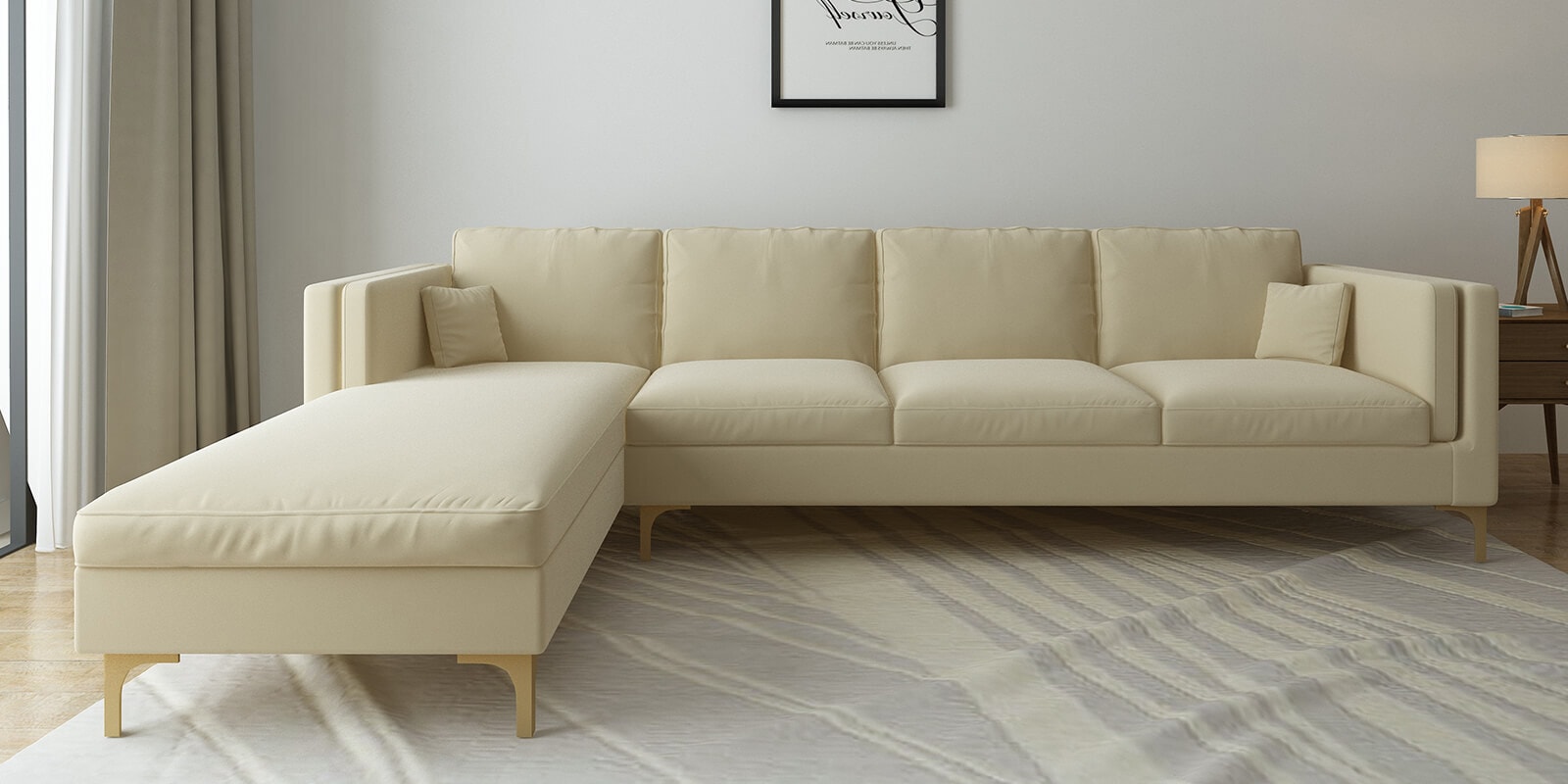 Dona Velvet Rhs Sectional Sofa (3 + Lounger) In Bone White Colour