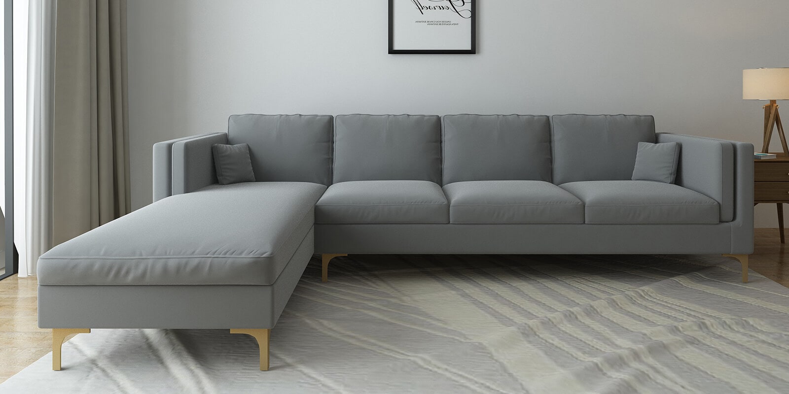 Dona Velvet Rhs Sectional Sofa (3 + Lounger) In Cool Grey Colour