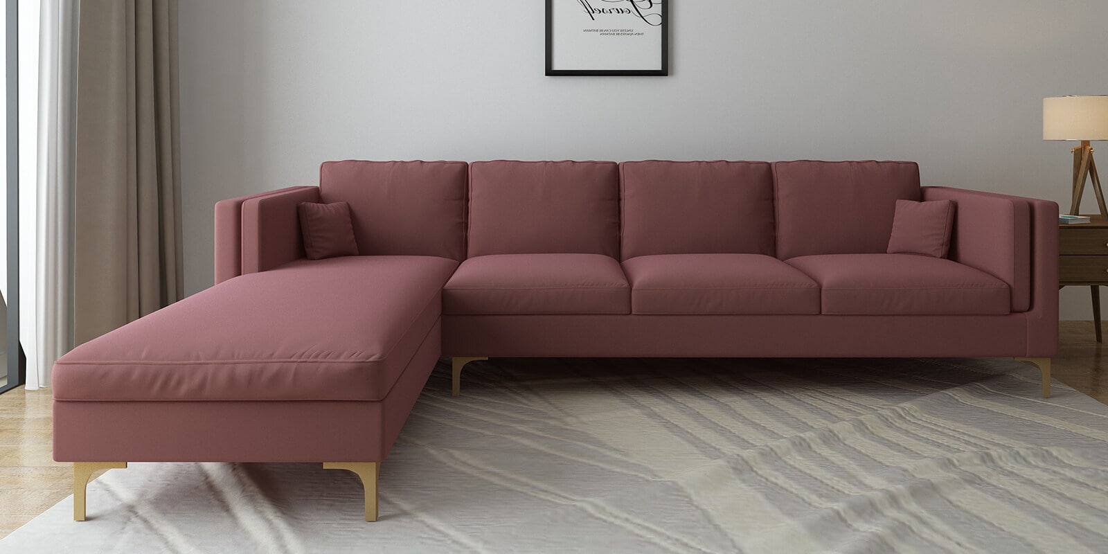Dona Velvet Rhs Sectional Sofa (3 + Lounger) In Dusky Rose Colour