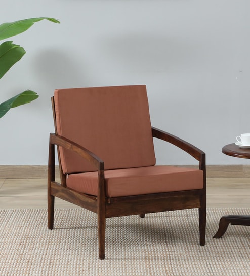 Dokkum Sheesham Wood Arm Chair In Provincial Teak Finish And Mocha Mousse Colour