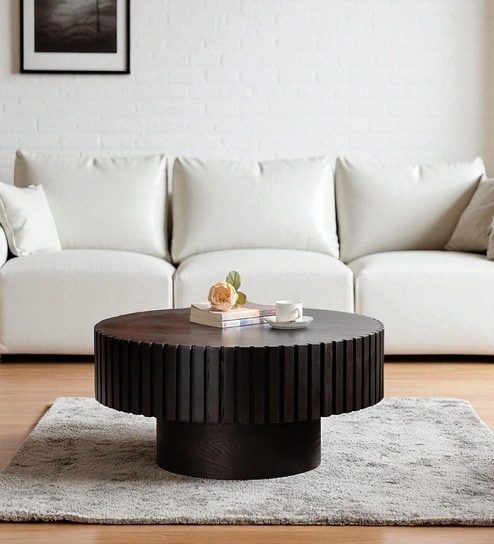 Dom Sculpted Fluted Round Center Coffee Table with Matte Black Finish and Elevated Pedestal Base in Black Colour