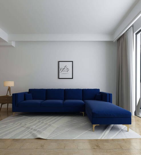 Dona Velvet Lhs Sectional Sofa (3 + Lounger) In Midnight Blue Colour