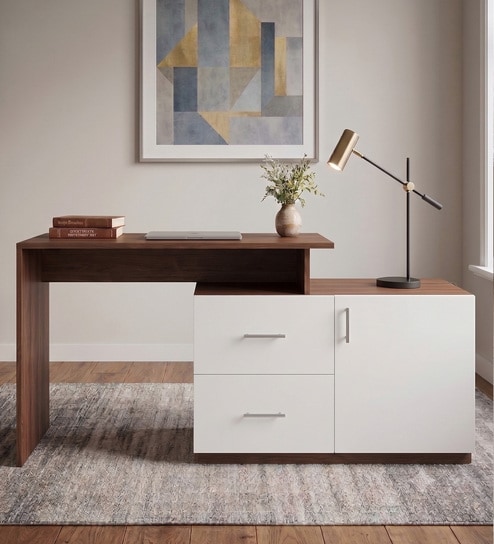 Dora Study Table in Planked Walnut and White Finish