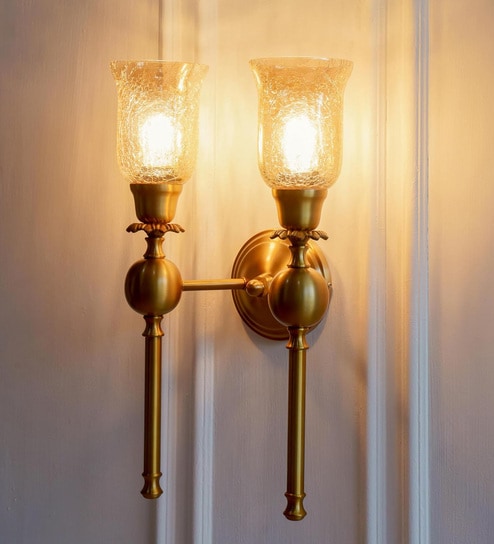 Double Ball Wall Lamp Antique Brass Finish with Chimney Crackled Glass Golden Luster
