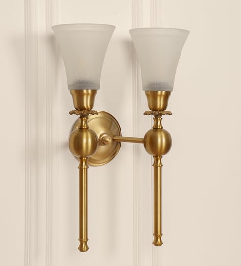 Double Ball Wall Lamp Antique Brass Finish with Frosted Hammered Glass
