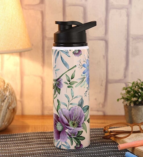 Double Cap Sports Water Bottle With Beige & Blue Floral Print