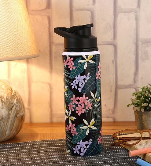 Double Cap Sports Water Bottle With Black & Green Floral Print