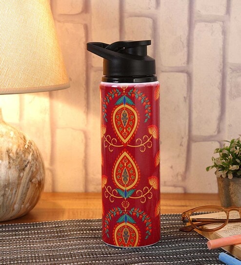 Double Cap Sports Water Bottle With Red & Orange Mehendi Print
