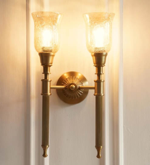 Double Corrugated Wall Lamp Antique Brass Finish with Chimney Crackled Glass Golden Luster