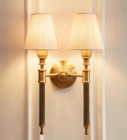 Double Corrugated Wall Lamp Antique Brass Finish with Off White Shade for Living Room, Bedroom, Home Decoration Wall Light