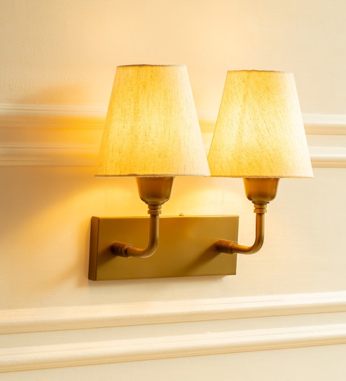 Double Elbow Wall Lamp Brass Antique Finish with Off White Lampshade
