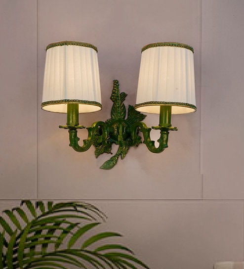 Double Green Grapevine Wall Sconce with Pleated Shades