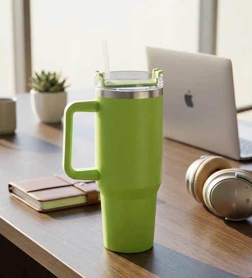 Double Wall Stainless Steel Green Tumbler Mug with Handle & Lid
