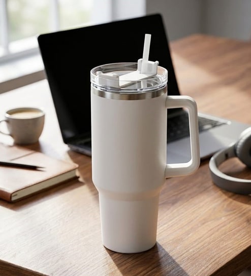 Double Wall Stainless Steel White Tumbler Mug with Handle & Lid