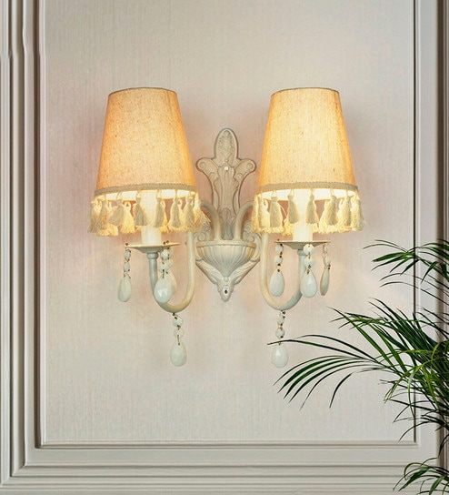 Double White Wall Sconce with Tassel Shades and Crystal Accents