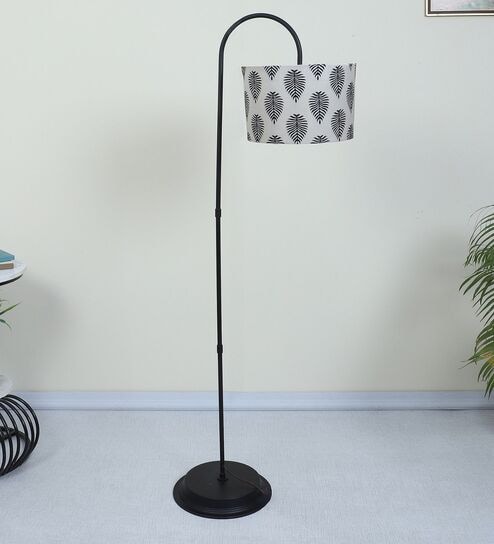 Downlighter Modern Black Iron Base Floor Lamps Big Leaf Print Satin Shade