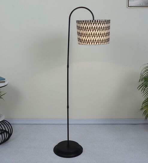 Downlighter Modern Black Iron Base Floor Lamps Chevron Print Satin Shade