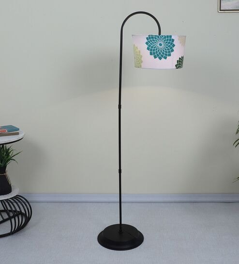 Downlighter Modern Black Iron Base Floor Lamps Dahlia Floral Print Satin Shade