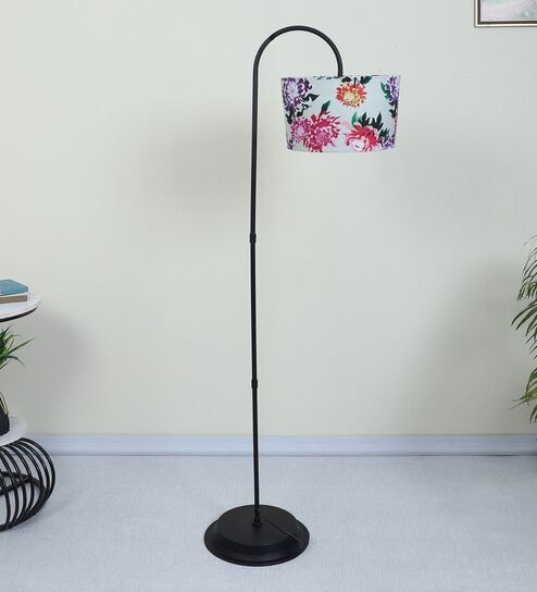 Downlighter Modern Black Iron Base Floor Lamps English Oak Print Satin Shade