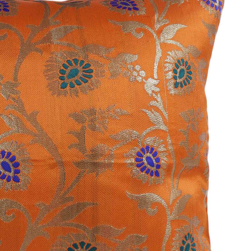 Buy Double Sided Floral Jaal Brocade and Silk Cushion cover in Orange (Set of 3) by Rangdesi