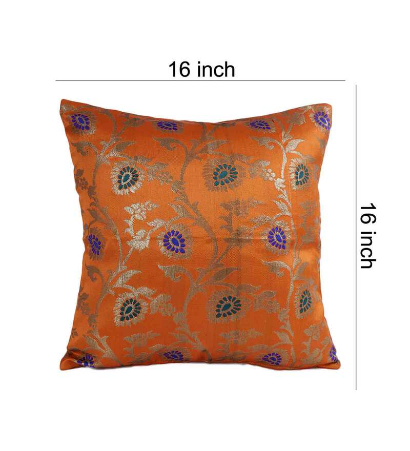 Buy Double Sided Floral Jaal Brocade and Silk Cushion cover in Orange ...