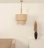 Double Beige Cotton Fabric Pendant Hanging Light Antique Brass Finish