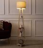Double Beige Cotton Shade Shelf Floor Lamp With Birch Ply Base